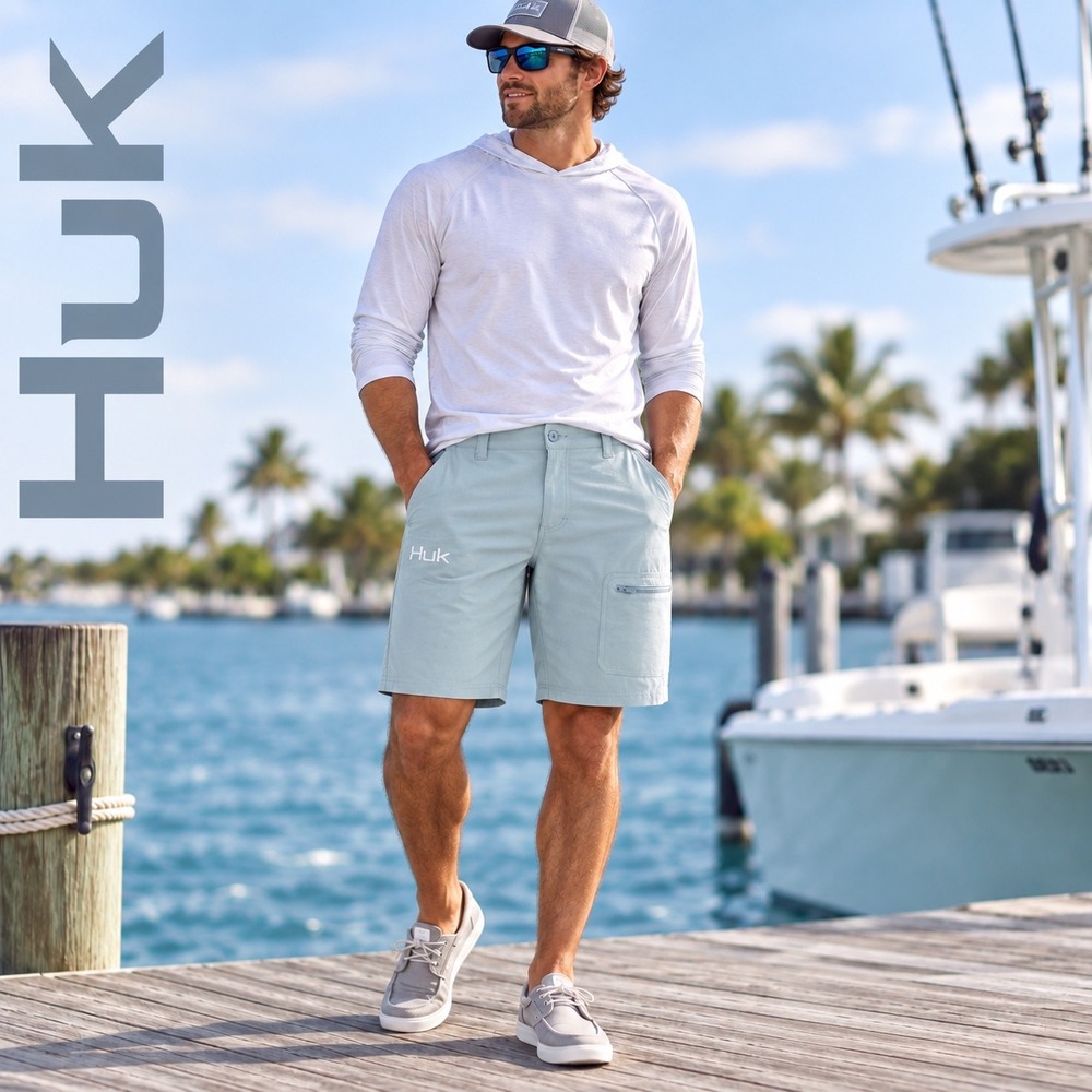 Huk Performance Fishing Shorts Mens XL Light Blue Gray Stretch Cargo Pockets